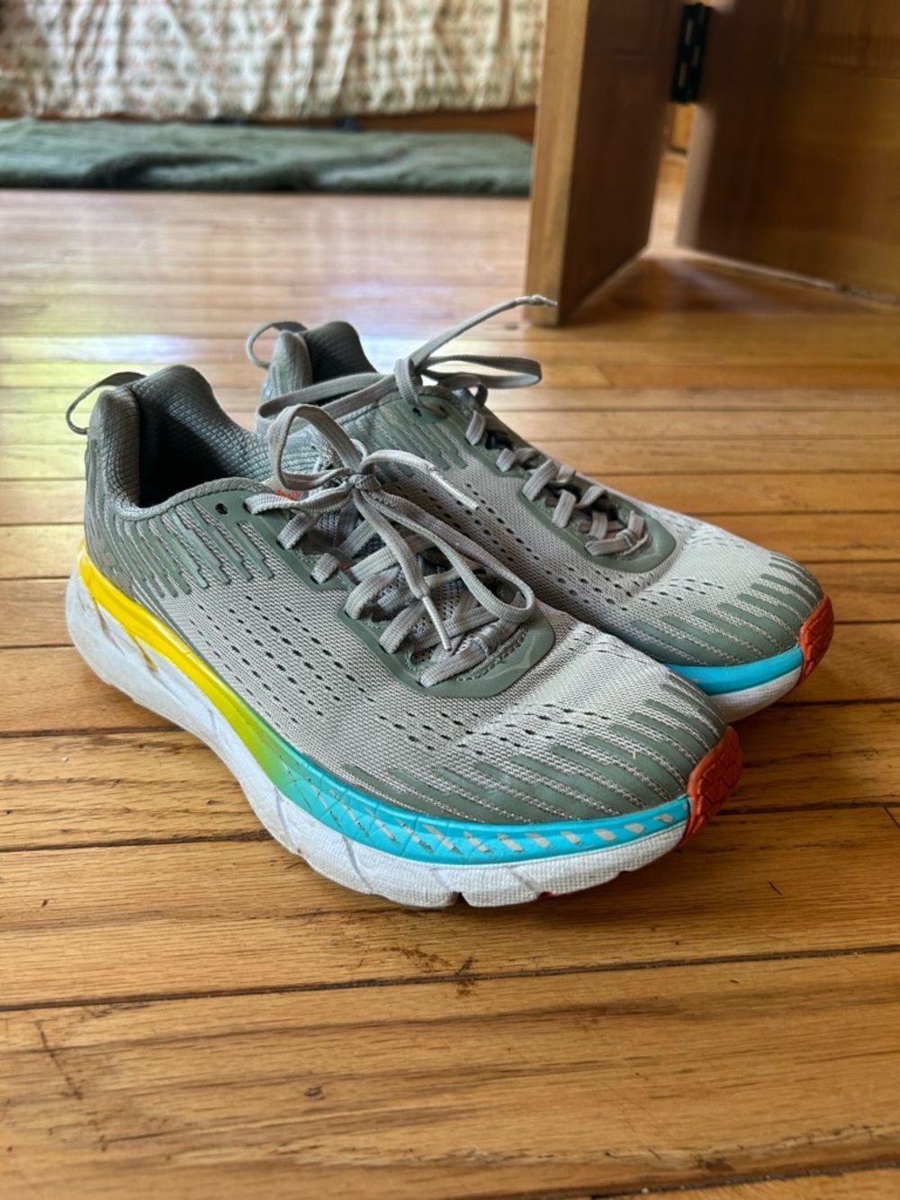 Hoka One One Grey Clifton 5 Athletic Sneakers with Blue & Yellow Accents